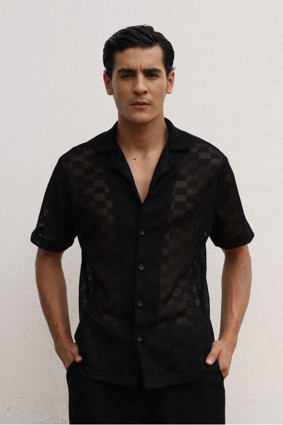 Camisa Jacquard Crochê Preta