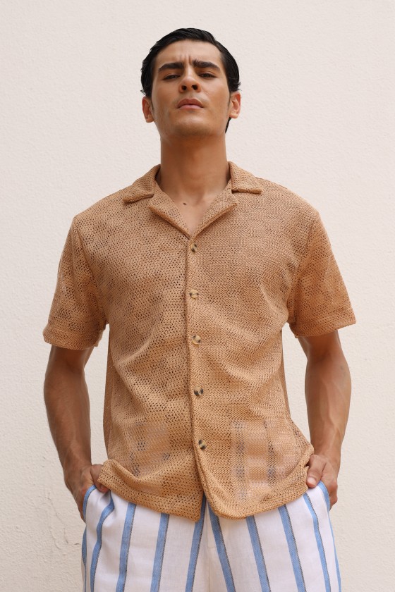 Camisa Jacquard Crochê Caqui